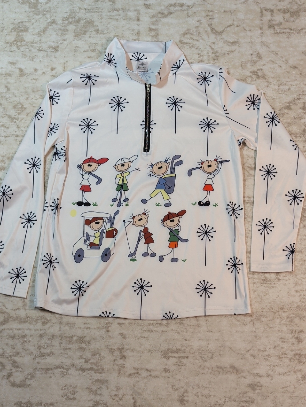 Women’s White Cowl Neck Pullover with Playful Golf Print